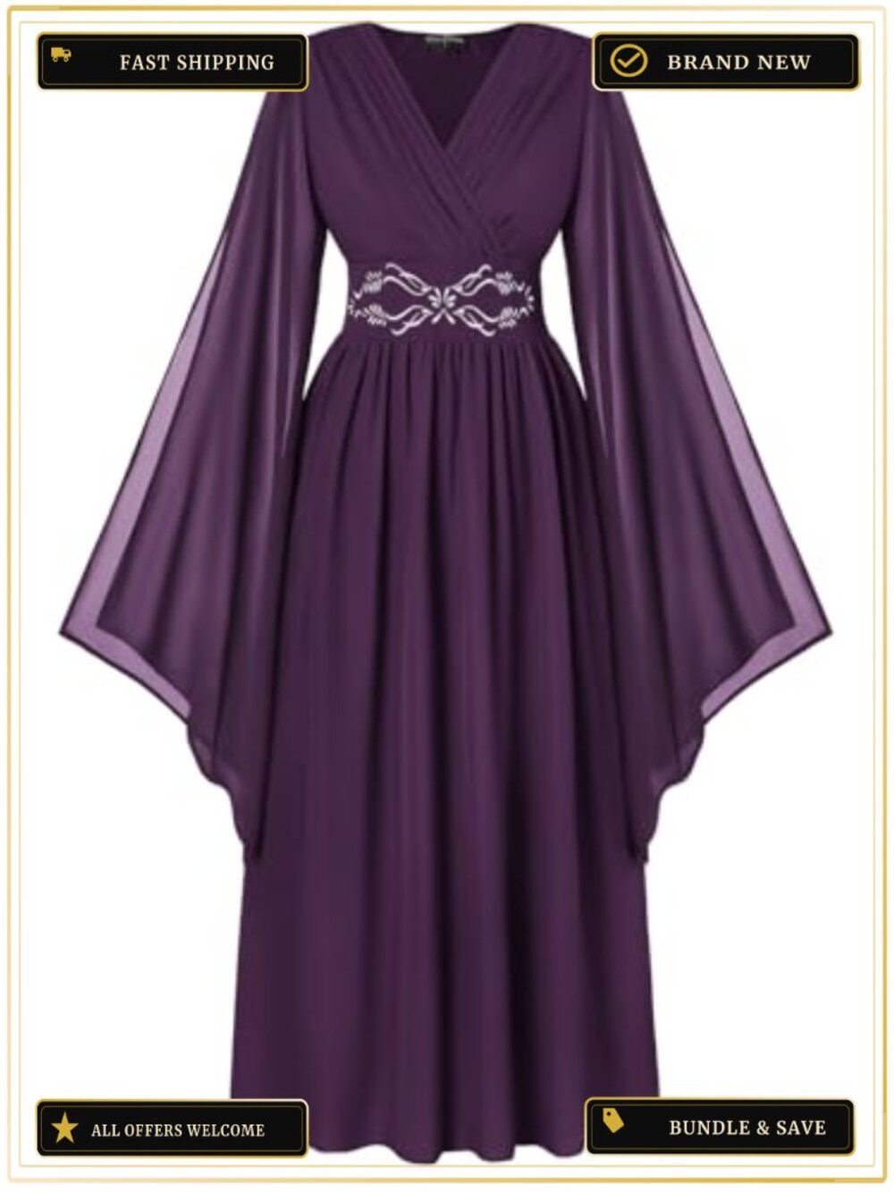 Renaissance Costume Dress Chiffon V Neck Medieval Maxi A-Line Cosplay